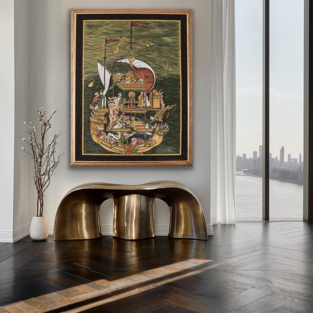 Original Hand-Painted Silk Art - Noah’s Ark Religious Illustration- Large Vintage Gold-Framed Maritime Scene For Sale - Image 10 of 12