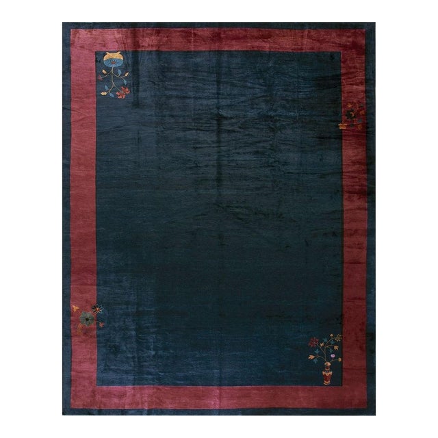 1920s Solid Blue Open Field Antique Chinese Art Deco Knotted Rug 11' 2" X 14' 2" For Sale