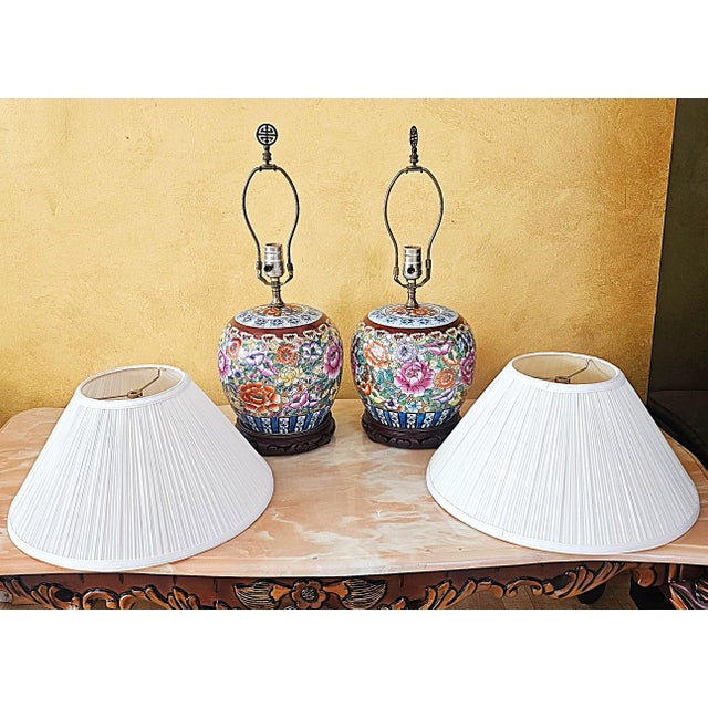 Vintage Hand-Painted Floral Porcelain Table Lamps – a Pair For Sale - Image 16 of 18