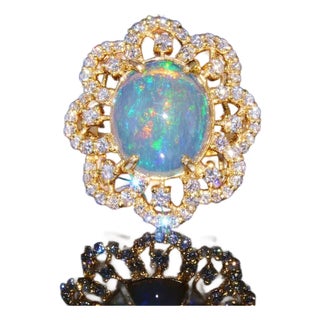 Certified Natural 6.29CTS VS F Diamond Opal 18K Solid Gold Floral Ring, size 6.75 For Sale