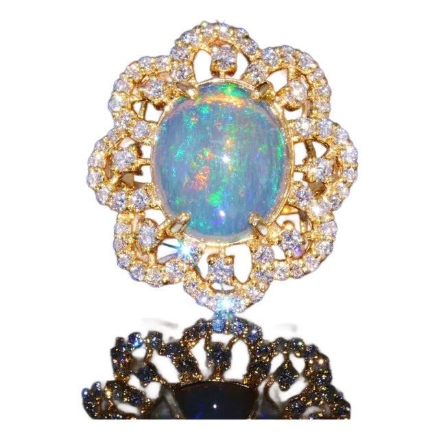 Certified Natural 6.29CTS VS F Diamond Opal 18K Solid Gold Floral Ring, size 6.75 For Sale