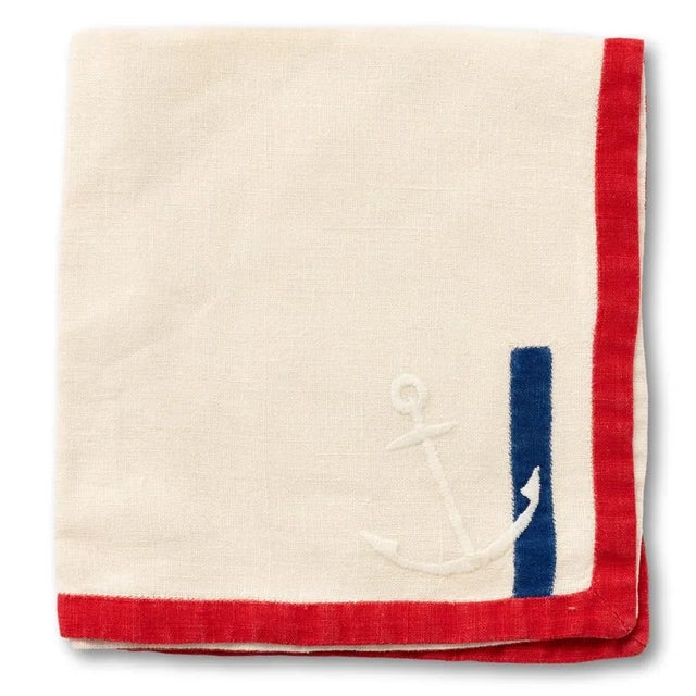 Set X 7 Embroidered Anchor Napkins W/ Blue & Red Trim For Sale - Image 4 of 4