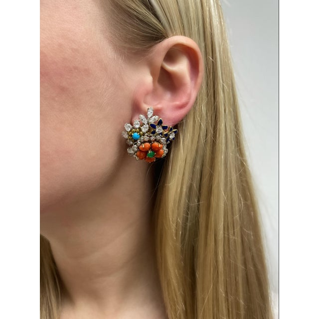 Modern 1960s Pair of Diamond, Gemstone and Enamel Flower Earrings For Sale - Image 3 of 4