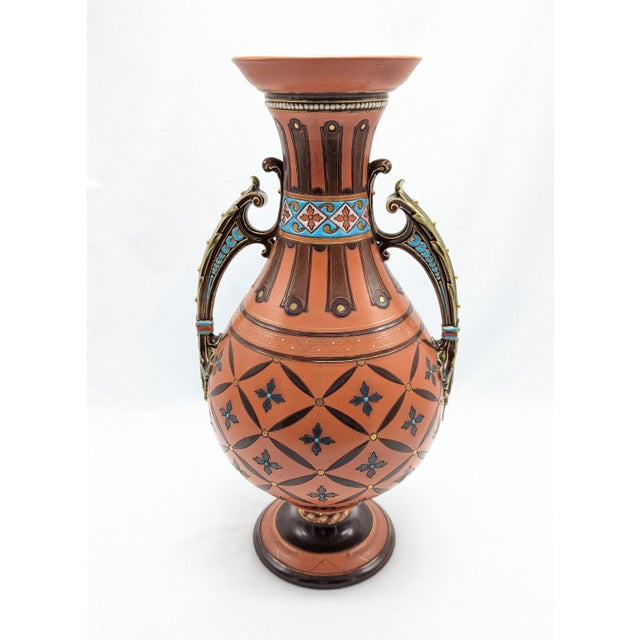 Art Nouveau 1900s Art Nouveau Mettlach Pottery Vase With Handles For Sale - Image 3 of 7
