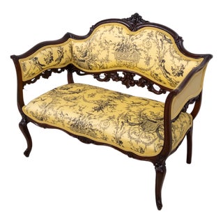 Antique French Louis XV Mahogany Window Bench Settee W. New Upholstery For Sale
