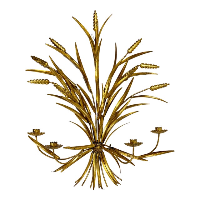Vintage Large Gilt Tole Sheaf of Wheat Wall Candle Sconce For Sale
