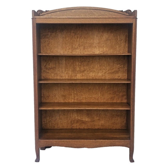 Victorian Antique Mission Quarter Sawn Tiger Oak Narrow Open Bookcase With Birdseye Maple Back, c.1900 For Sale - Image 3 of 18