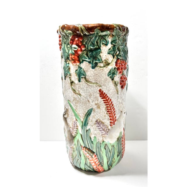 Late 19th Century Antique Majolica Umbrella Stand With Rabbits & Grapevines, Victorian Floor Vase For Sale - Image 5 of 7