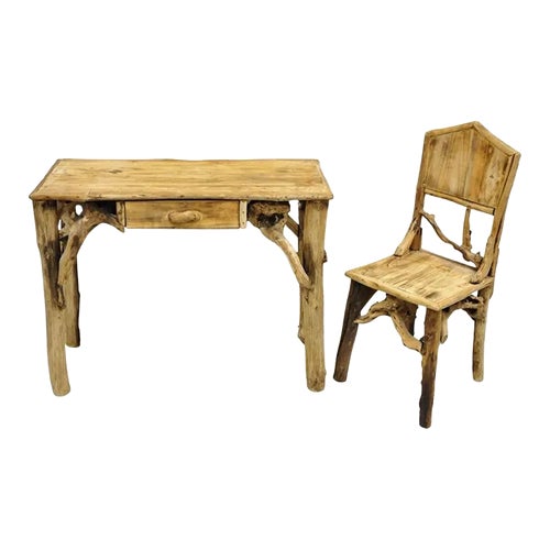 Vintage Rustic Modern Driftwood Branch Small Wooden Desk and Chair