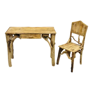 Vintage Rustic Modern Driftwood Branch Small Wooden Desk and Chair With Drawer - Set of 2