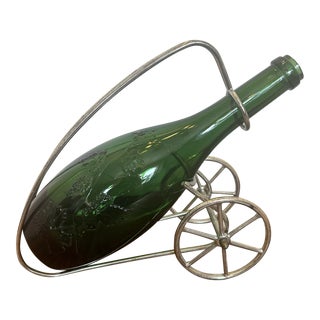Vintage Mid-Century Modern Embossed Green Wine Bottle & Chrome Wine Cart Caddy For Sale