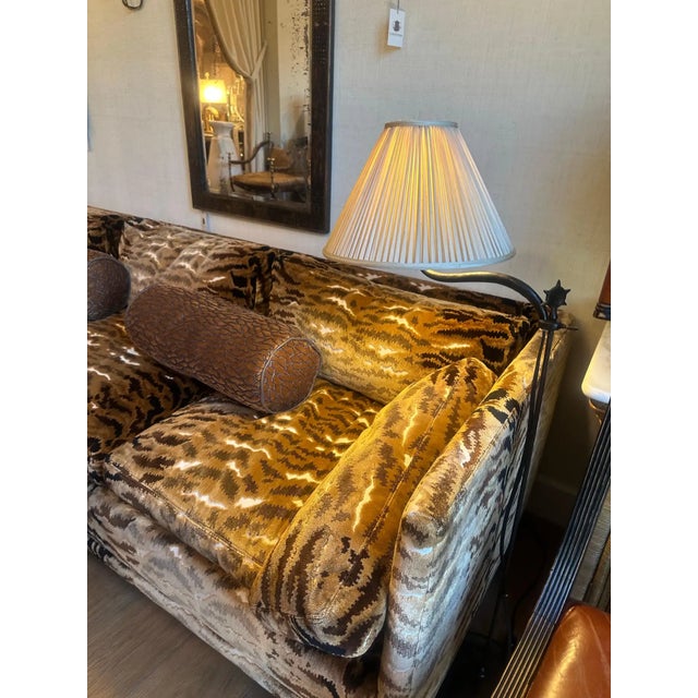 Art Deco Custom Pair of Bolster Pillows With Lush Patterned Velvet and Leather Trim For Sale - Image 3 of 11