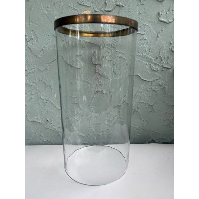 Metal Vintage Mid-Century Clear Glass Lamp Shade With Solid Brass Rim | Large Replacement Hurricane Shade For Sale - Image 7 of 8