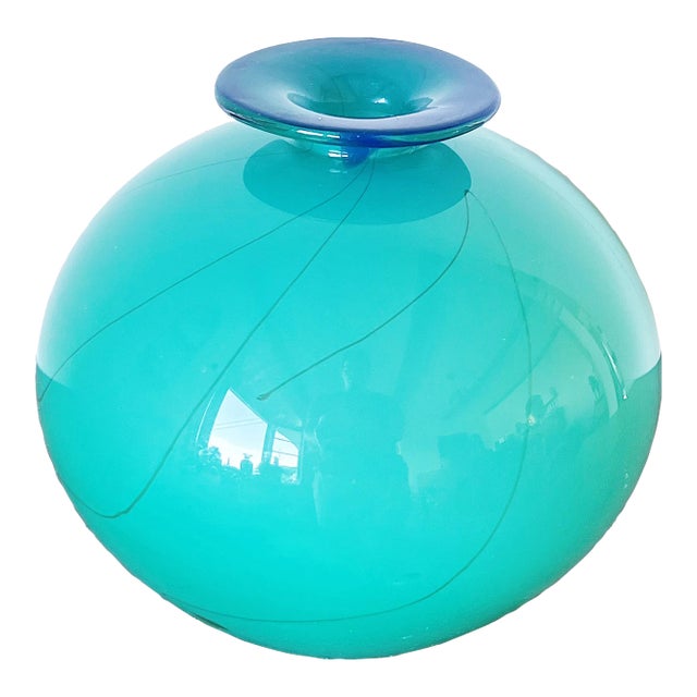 Vintage Mouth-Blown Art Glass Round Bowl-Shaped Vase in Vibrant Blue, Signed For Sale