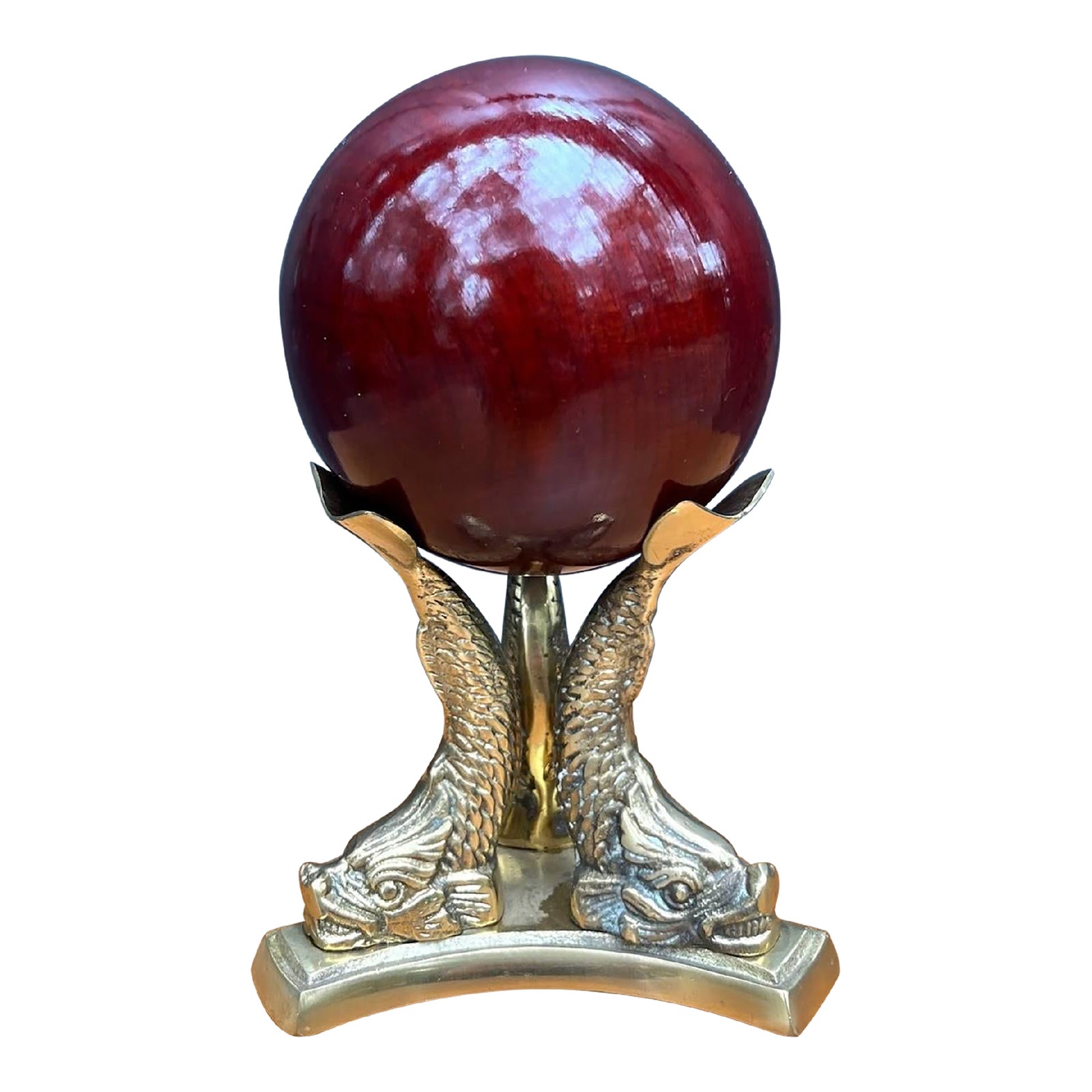 Wood Sphere on Brass Fish Stand | Chairish