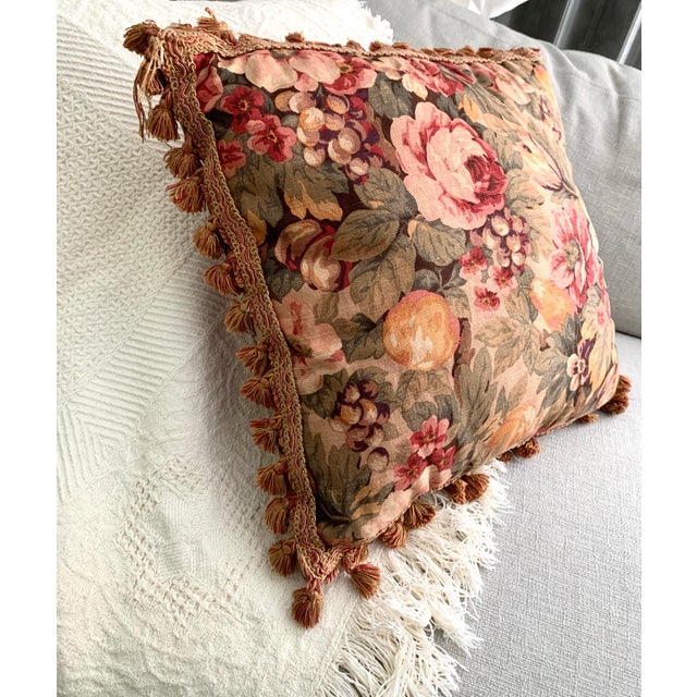 Vintage Decorative Cushion Pillow Floral Cabbage Roses and Fruits Pattern Cotton Linen Tassels Borders 19” X 19” For Sale - Image 4 of 12