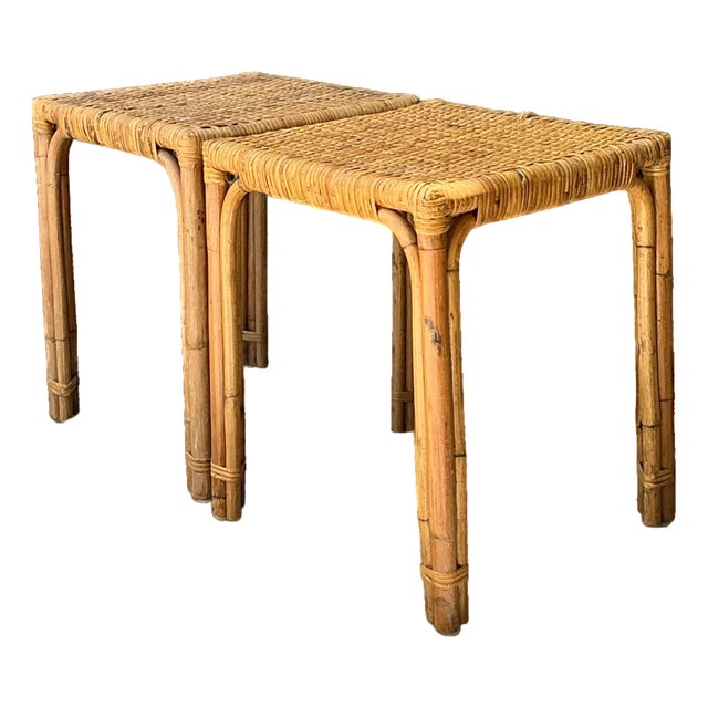 Vintage Woven Rattan Side Tables - Pair For Sale