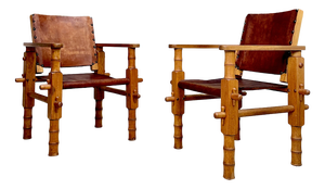 Set of South American Brutalist Leather & Oak Safari Chairs, Colombia, 1960s