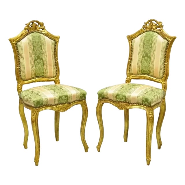 Late 20th Century Vintage French Louis XV Style Gold Giltwood Carved Boudoir Side Chairs - A Pair For Sale