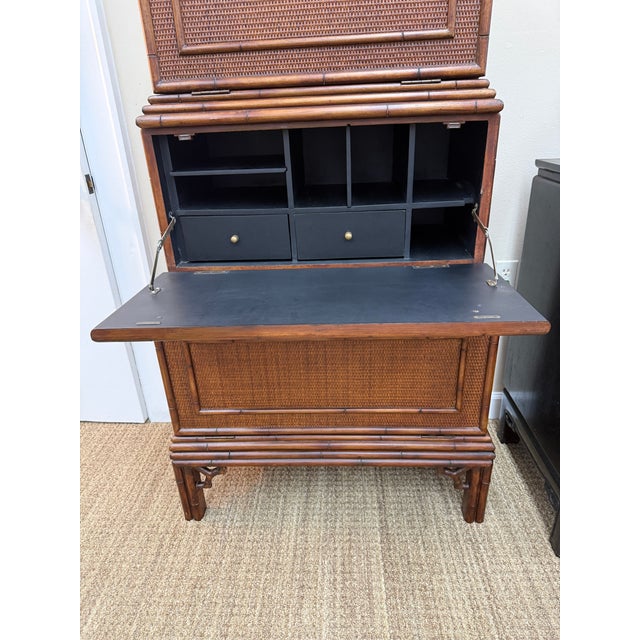 British Colonial Style Woven Rattan and Faux Bamboo Cabinet That Converts to a Secretary, C 1970's For Sale - Image 4 of 11