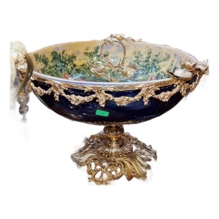 1960s French Porcelain Centerpiece Bowl Cobalt Blue with Gilt Bronze Mounts For Sale