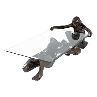 Bronze Figural Sculpture Coffee Table with Glass Top by C. Conndray For Sale