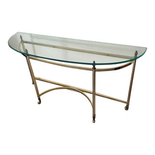 Vintage LaBarge Style Brass-Tone Demilune Console Table With Glass Top For Sale