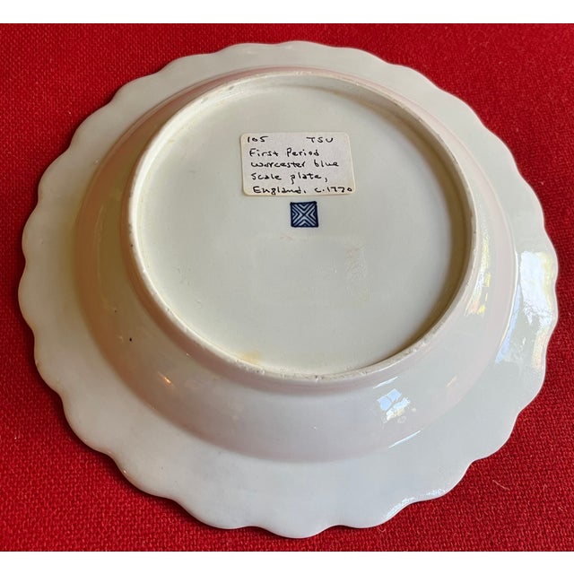 Blue Antique 18th Century English Georgian First Period Worcester Porcelain Blue Scale Plate, Circa 1770 For Sale - Image 8 of 9