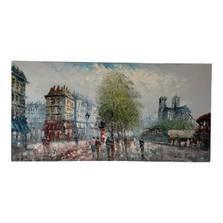 Vintage Caroline Burnett Impressionist Parisian Street Scene Oil on Canvas Painting, Unframed For Sale