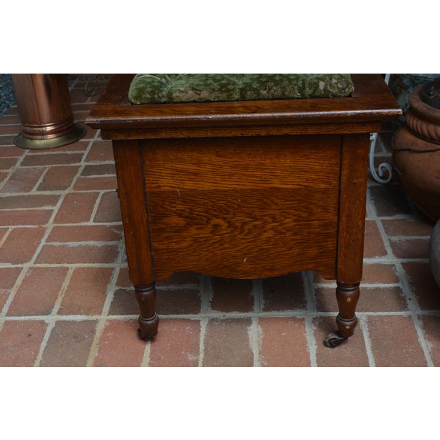 Antique English Oak Wood Commode Potty Chamber Pot Cupboard W/ Cushioned Top For Sale - Image 4 of 16