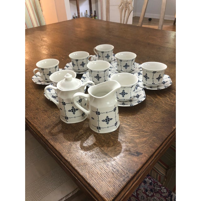 This set of 8 cups and saucers, sugar and creamer is “ Homespun” Royal Staffordshire By J&G Meakin. It is ironstone and...