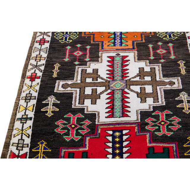 Vintage Brown Turkish Handmade Multicolor Tribal Pattern Wool Runner For Sale - Image 4 of 11