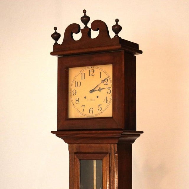 Antique Ithaca Clock Co. Tall Case Walnut Grandfather Clock C1920 For Sale - Image 6 of 15