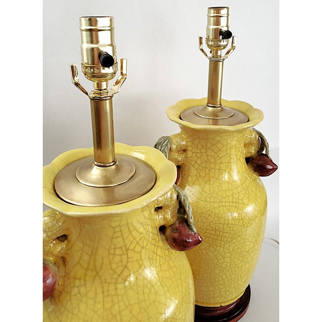Restored Vintage Chinese Crackled Yellow Porcelain Table Lamps - A Pair For Sale In Miami - Image 6 of 14