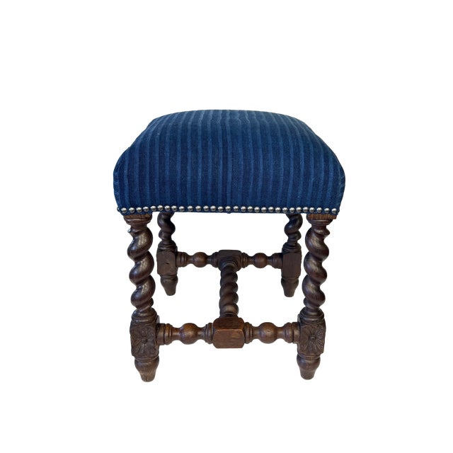 19th Century Antique Louis XIII French Baroque Stool W/Indigo Upholstery For Sale - Image 5 of 9