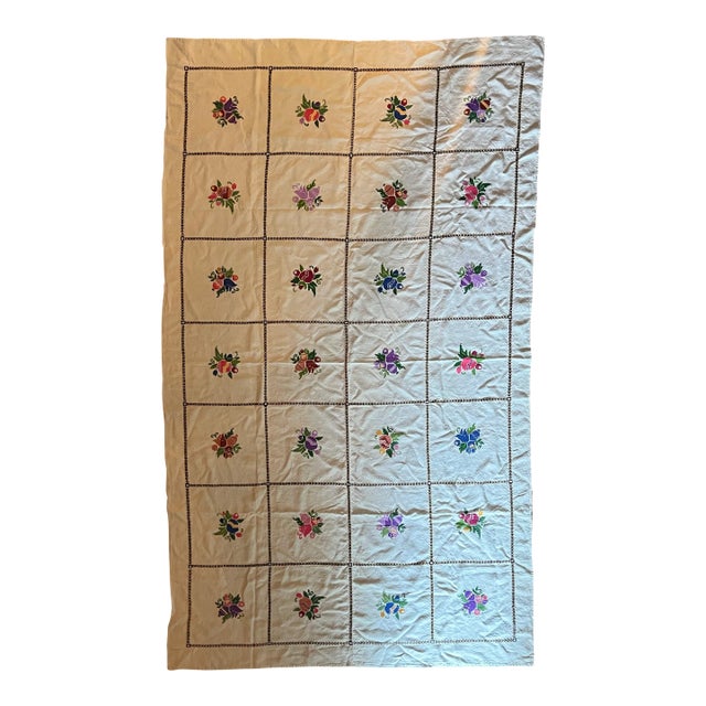 Antique Finely Hand Embroidered Flowers Linen Tablecloth For Sale