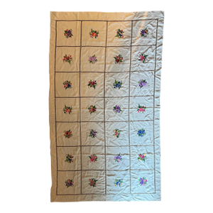 Antique Finely Hand Embroidered Flowers Linen Tablecloth