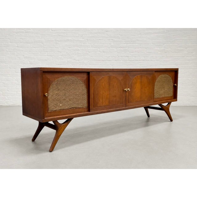 Long + Low Mid Century Modern Walnut and Cane Credenza | Sculptural Kagan Style Wishbone Leg Sideboard, C. 1960's For Sale - Image 10 of 15