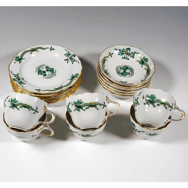 Blue 20th Century Meissen Coffee Set with Dragon in Green & Gold, 1980s, Set of 22 For Sale - Image 8 of 12