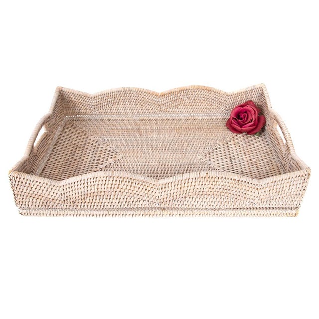 Boho Chic Artifacts Rattan Scallop Collection Rectangular Tray in White Wash - 22" For Sale - Image 3 of 6