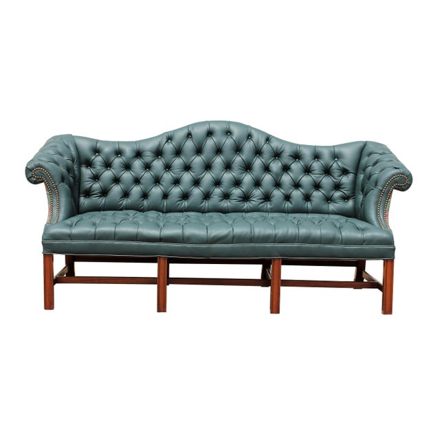 Genuine Italian Leather, Green Camelback Tufted Sofa Chairish
