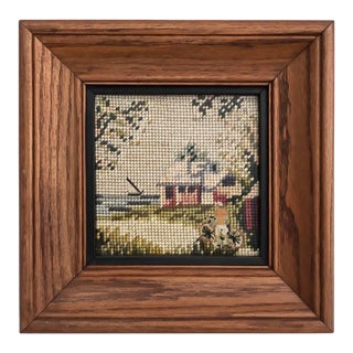 Vintage Solid Wood Framed Needlework Countryside Cottage Scene For Sale