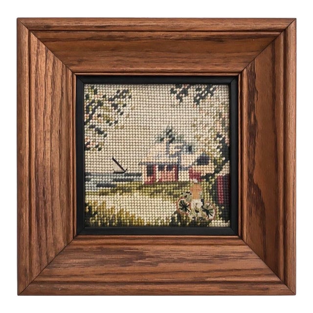 Vintage Solid Wood Framed Needlework Countryside Cottage Scene For Sale