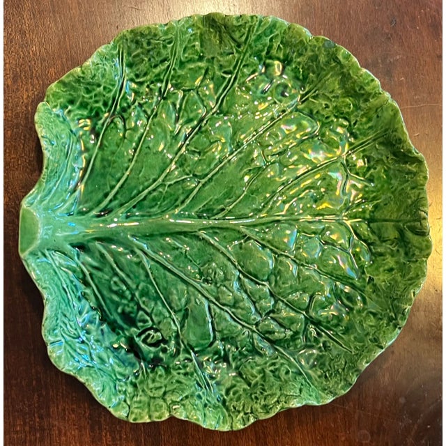 Antique Portuguese Majolica Pottery Green Cabbage or Lettuce Leaf Serving Dish For Sale - Image 9 of 15