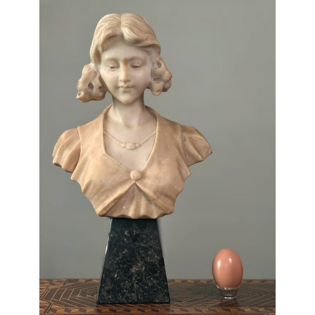 Antique Art Nouveau Hand Carved Alabaster Bust of a Young Woman With Marble Stand For Sale - Image 4 of 10