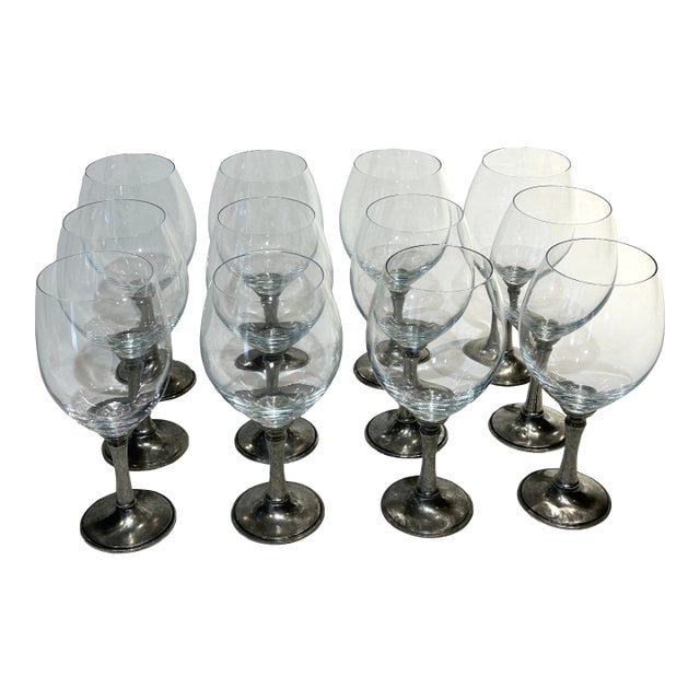 Set of 12 Williams-Sonoma 4” Diameter Pewter Stem Hand-Blown Crystal Wine Goblets For Sale