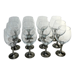 Set of 12 Williams-Sonoma 4” Diameter Pewter Stem Hand-Blown Crystal Wine Goblets