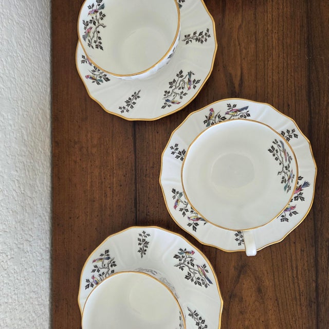 1970s Spode English Bone China Bird Teacups & Saucers, Set of 4 For Sale - Image 13 of 13