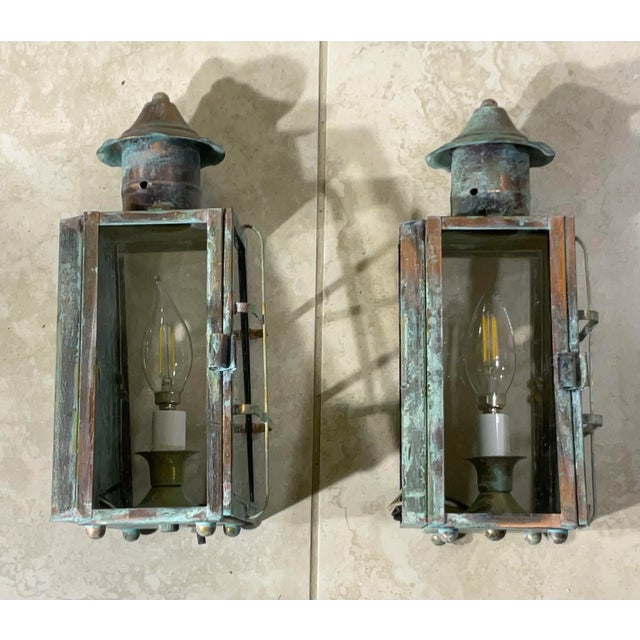 Funky Vintage Pair of Solid Patinated Brass and Copper Wall Lanterns For Sale - Image 4 of 16