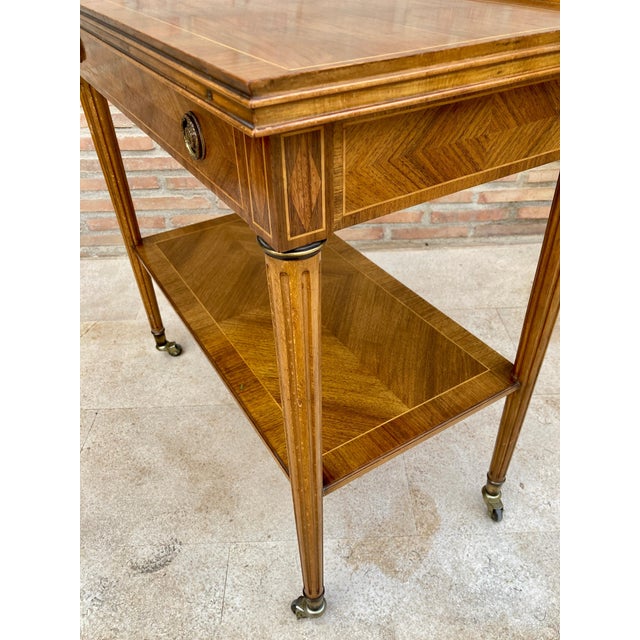 Neoclassic French Marquetry Side Table With One Drawer And Wheels 1940s For Sale - Image 13 of 18